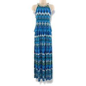 Dressbarn Blue Ikat Print Gold Chain Halter Neck Blouson Maxi Dress Sz 16 Summer